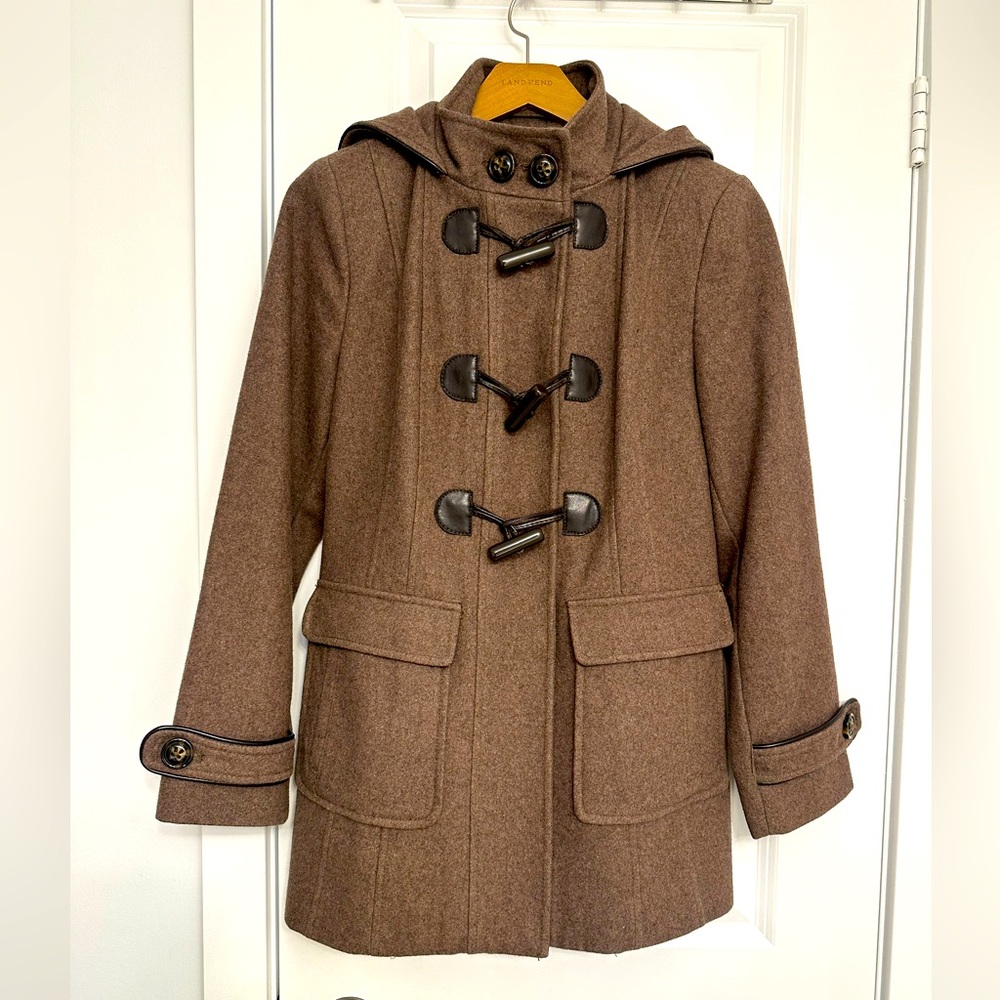 Wool Double Breasted Peacoat - Brown, with hood